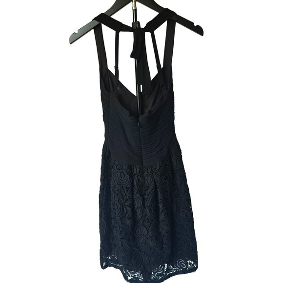 BCBG Max Azria Black Lace & Pleated Sleeveless Dress With Halter Neckline & Back - Picture 4 of 6
